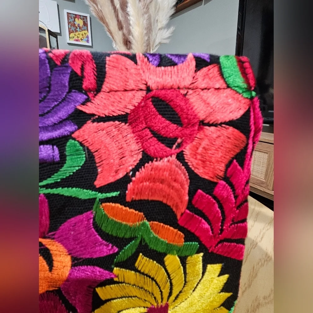 Handmade Mexican Embroidered Floral Clutch Black Multicolor Boho Artisan Bag